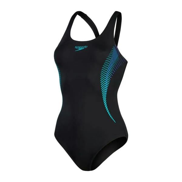 Black Speedo placement muscleback swimsuit with teal feather design
