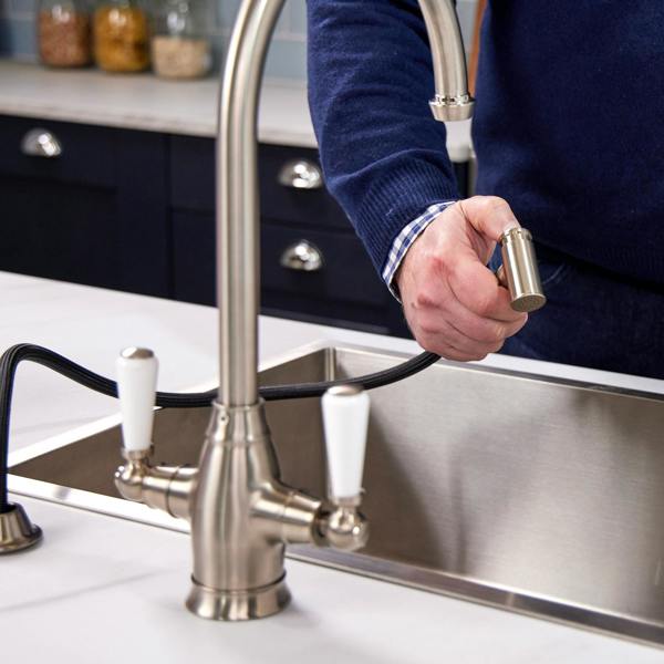 Flode Halden | Dual Lever Kitchen Sink Mixer Tap and Rinser with Swivel Spout | Pewter Finish