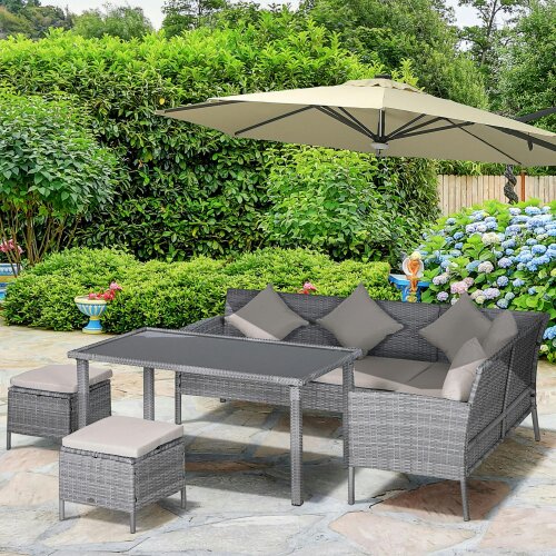 Wyld Haus Mora Rattan 7 Seater Outdoor Dining Set with Sofa 2 Footstools and Rectangular Table