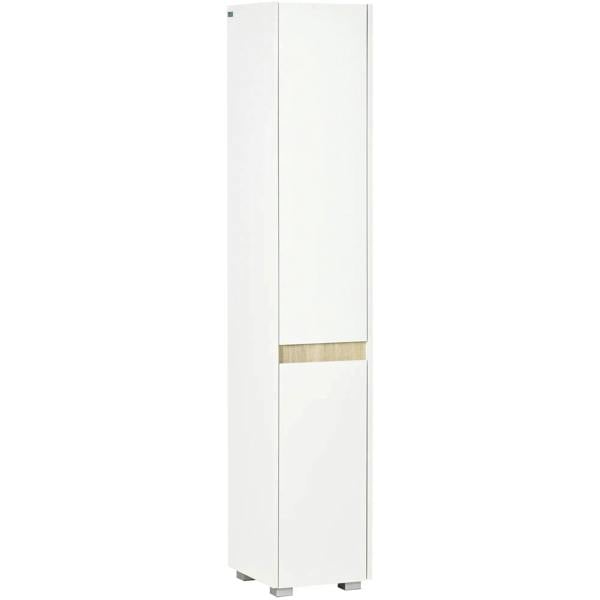 White freestanding bathroom cabinet with two doors and 5-tier interior shelves