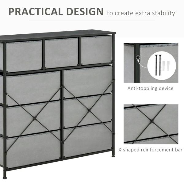 Grey fabric dresser base with black frame, X-bracing reinforcement, and adjustable feet