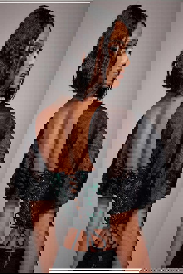 Off Shoulder Jacquard Top With Organza Wings - Emerald Black T231