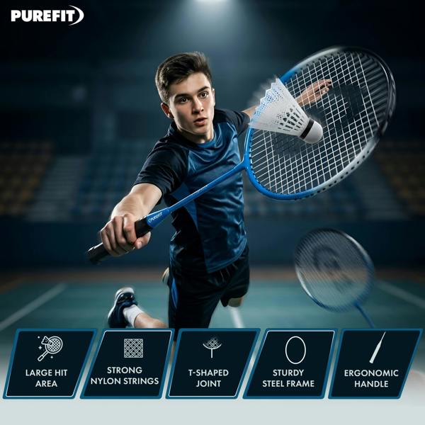 PUREFIT Badminton Set Includes 2 Rackets, 2 Nylon Shuttlecocks & Carry Case Tempered Steel Racquets for Outdoor Garden