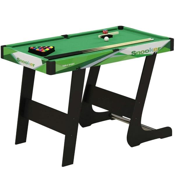 Green folding mini pool table set with black legs and Snooker-style playing surface