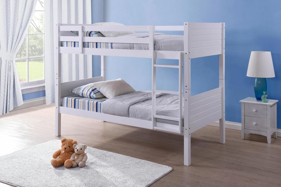 Mission TM Bedford White Wooden Bunk Bed Frame – Solid Rubberwood, Twin Over Twin, Grooved