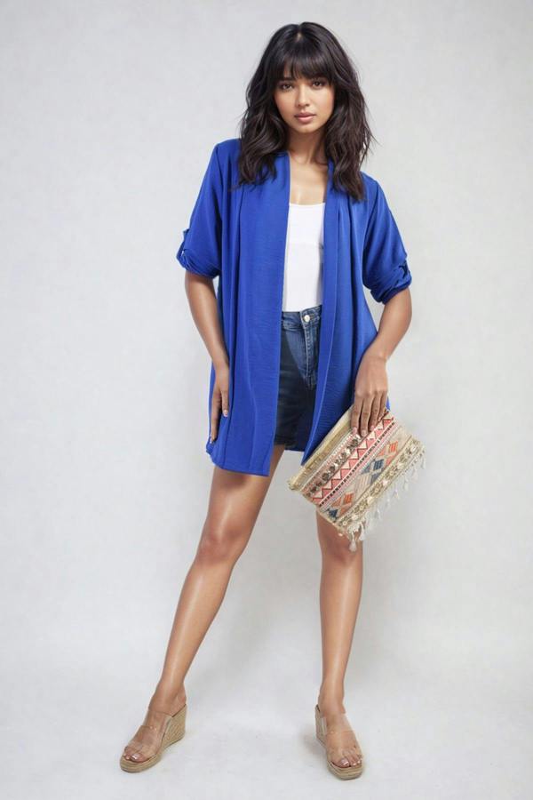Vivian Open Front Roll Up Sleeve Cardigan - Royal