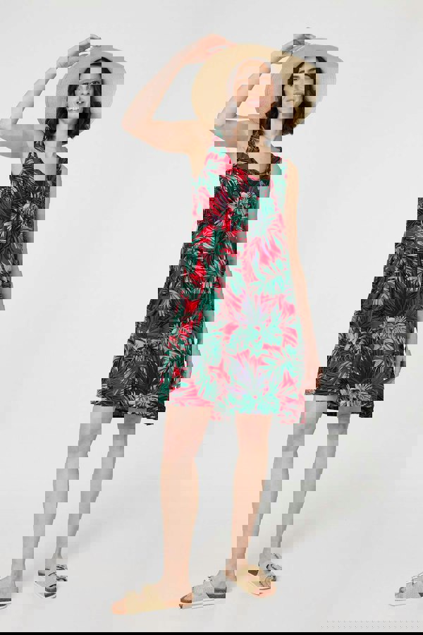 Red | Leaf Print Sleeveless Tunic Dress