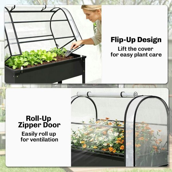 Raised Planter with Flip-Up Greenhouse Cover, Metal Raised Garden Bed on Legs with Drainage Hole, Black