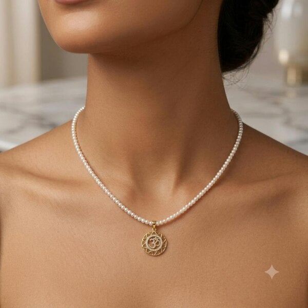 The Colourful Aura Pearl Beaded Om Pendant Necklace, 18ct Gold Plated