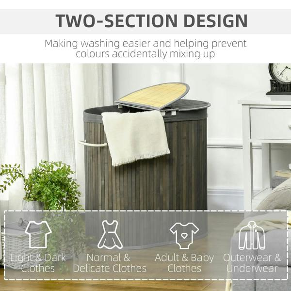 Grey bamboo laundry basket with lid, two-section design icons overlay