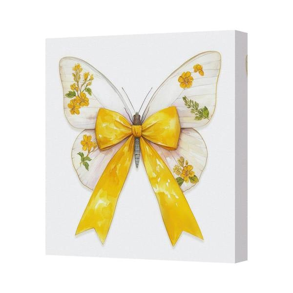 Benjamin Tate Design Butterfly With Yellow Bow Canvas Art Print On Deep Wooden Frame Handmade UK
