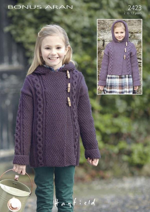 Hayfield Bonus Aran Knitting Pattern 2423, Coats for Kids, 2 - 13 Years - Advanced