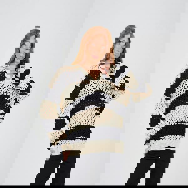 Brave Soul Stone Lightweight Stripe Open Knit Jumper - Stone Image 1