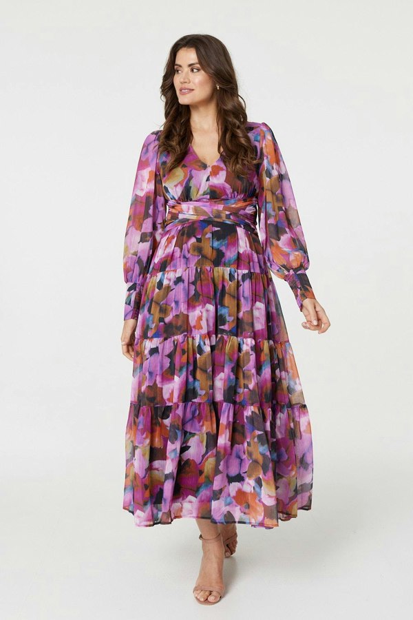 Pink | Floral Long Sleeve Ruched Maxi Dress