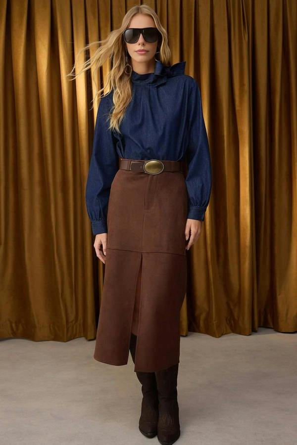 WOVCOR Suede A-line Maxi Knit Skirt with Button and Zipper