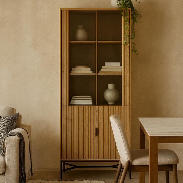 Wyld Haus Brisbane Slatted Wild Natural Oak Display Cabinet 4 doors 6 Shelves