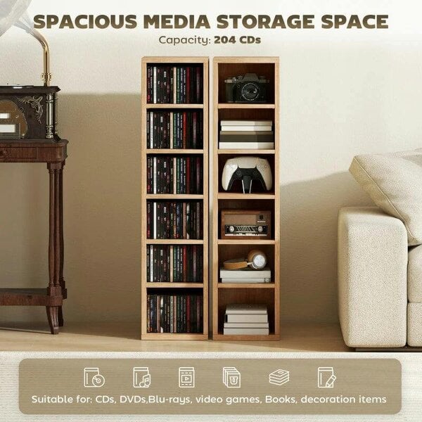 Bobobiy Set of 2 CD Media Display Shelf Unit Tower Rack with Adjustable Shelves, Natural