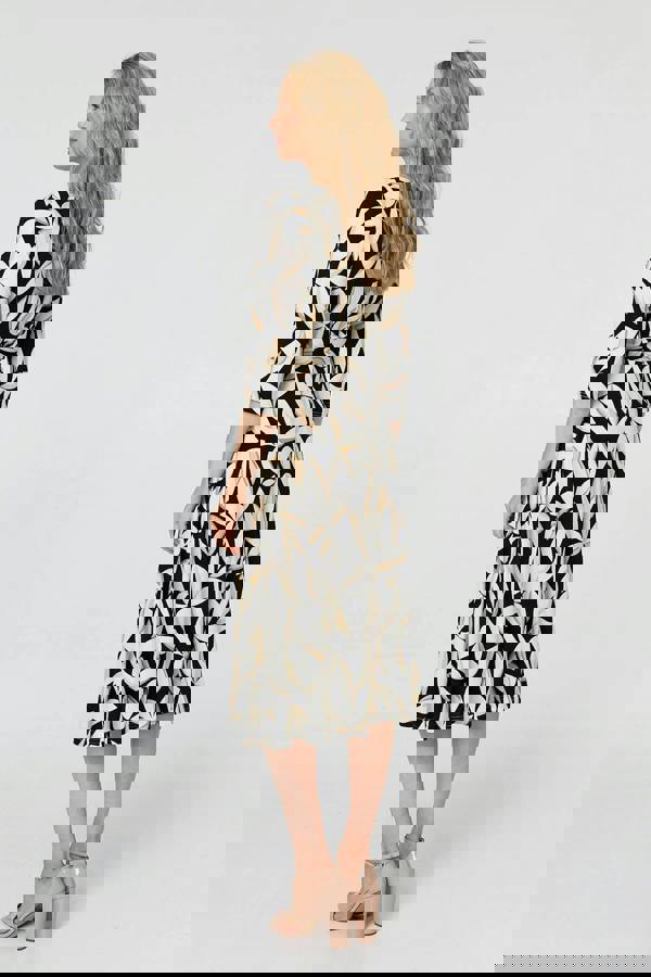 Black | Leaf Print 3/4 Sleeve Midi Tie Dress