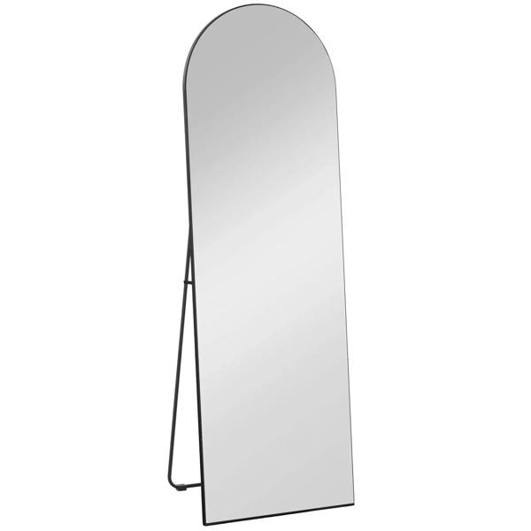 Black arched full-length mirror with slim frame and standing metal support