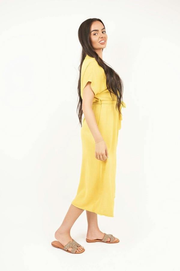 Annie Collared Button Down Short Sleeve Tie Waist Midi Dress - Yellow