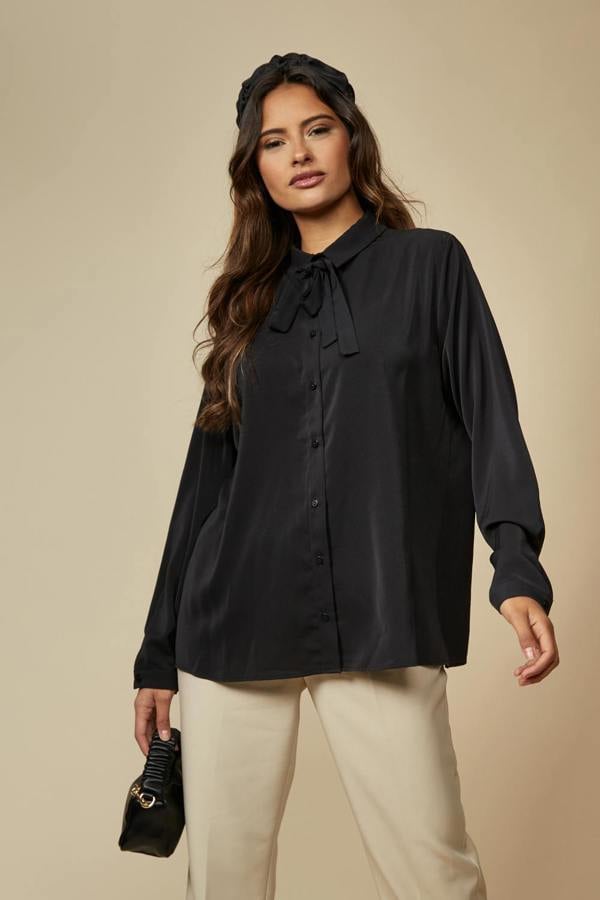 Hoxton Gal Tie Neck Oversized Top in Black