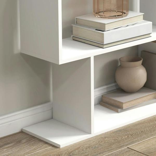 White bookshelf base and lower tiers with a vase and books, open shelf storage