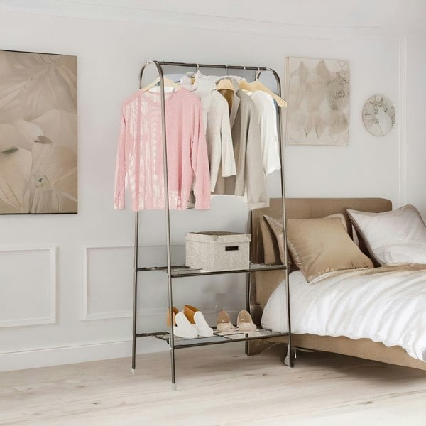 Rafaelo Mobilia Heavy Duty Metal Clothes Rail Open Wardrobe With 2 Shelves Black