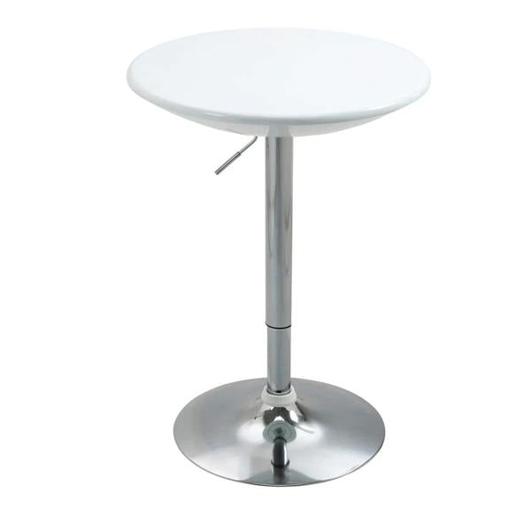 White round adjustable-height bar table with swivel base and silver steel pedestal leg