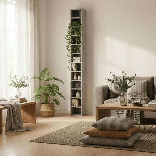 Wyld Haus Loli Wooden Cement Grey Tall Narrow Media Storage Tower With 204 Disc Capacity