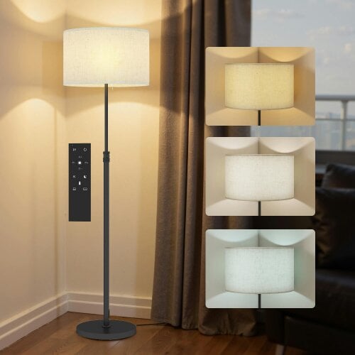HOMCOM Modern Dimmable Standing Lamp with Adjustable Colour Temperatures - Black - Yes, E27-A60 LED bulb included - Steel, Linen Fabric