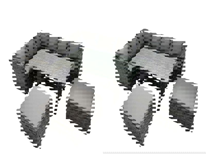 Fimous Outdoor PE Rattan Sofa Set with Dining Table Patio Garden Furniture Sets with 2 Big Stools Dark Grey Mixed