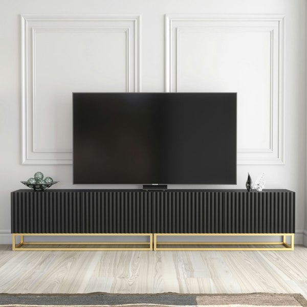 Mex Furniture Modular Black TV Unit with Gold Base 200cm – Fluted Fronts & Push-Down Doors