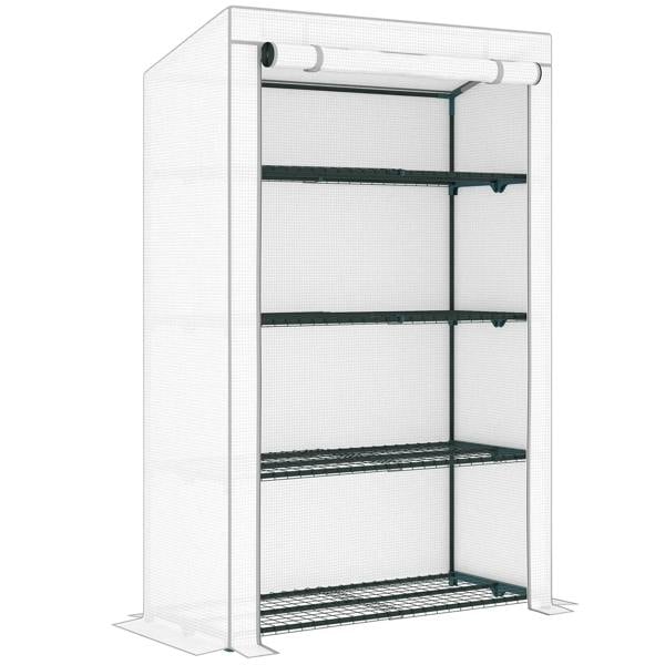 Grey and white four-tier mini greenhouse with four dark shelves and clear side panels