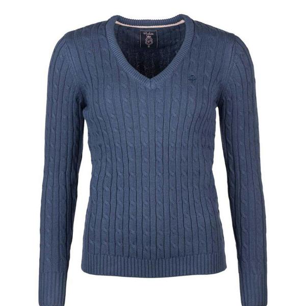 Rydale Emma V Neck cable knit jumper for ladies in Mid Navy