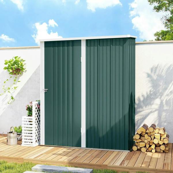 Green corrugated steel garden shed with front door closed on outdoor deck