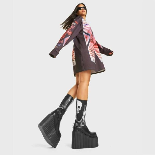 Lamoda Shivering Black PU Skull Lace-Up Ankle Boots Edgy Platform Style