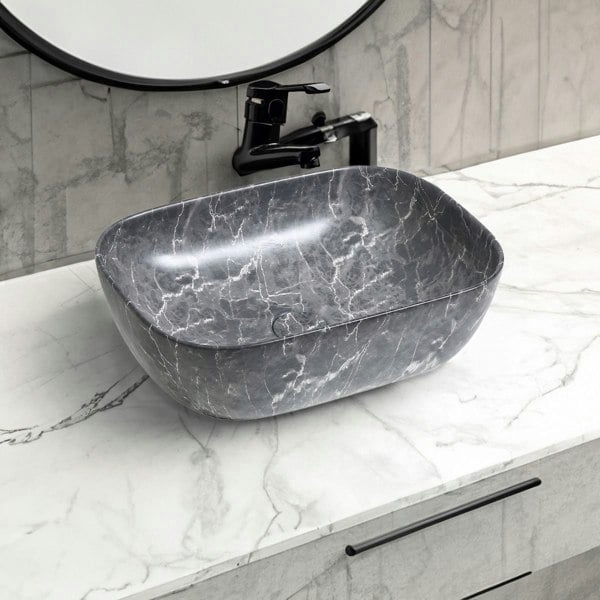 Limoge 7840 Ceramic Oblong Countertop Basin in Black Marble Effect
