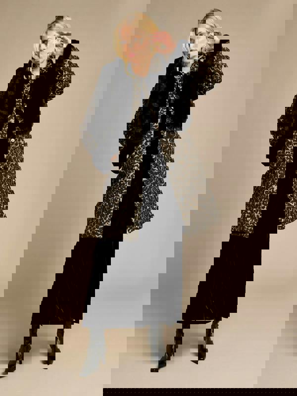 GWD Megan Leopard Coat with Detachable Black Faux Fur Scarf and Cuffs