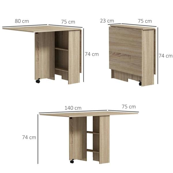 Natural wood drop-leaf table showing folded and expanded sizes with two-tier shelf
