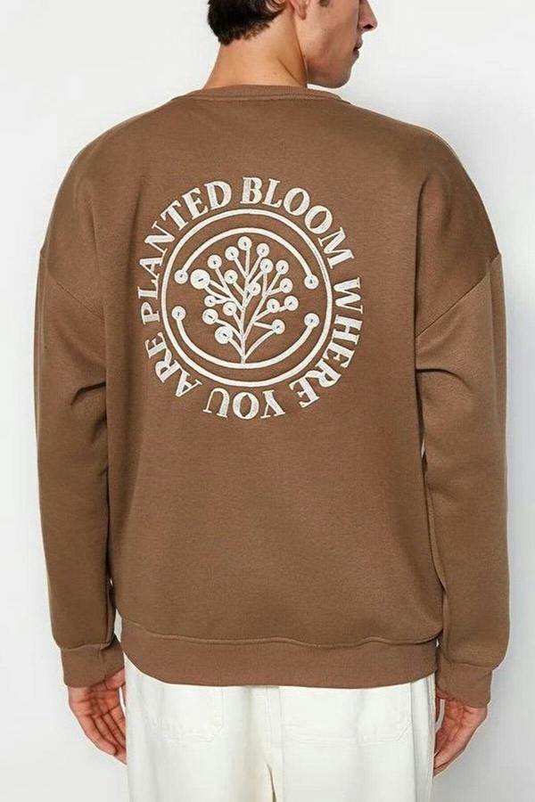WOVCOR Floral Embroidered Cotton Men's Sweatshirt with Fleece Lining