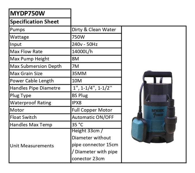 Mylek Submersible Water Pump 750W Electric for Clean or Dirty Water with Float Switch, 14000L/H