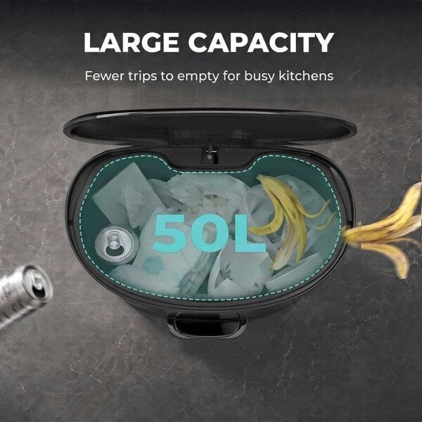 50L Kitchen Pedal Bin, Rubbish Bin with Soft-Close and Stay-Open Lid, Removable Inner Bucket, Black