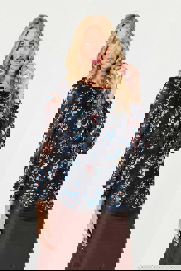 Blue | Floral Semi Sheer Long Sleeve Blouse
