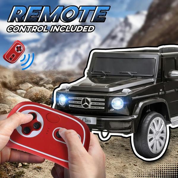Black kids electric ride-on car with handheld remote control and illuminated headlights