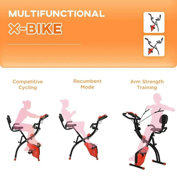 Exercise bike shown in multiple training positions, black frame with wine red resistance unit