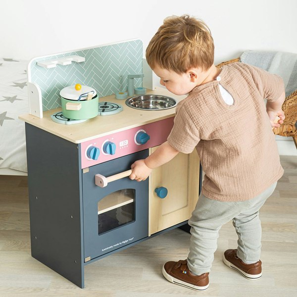 Bigjigs Toys Wooden Simply Scandi Play Kitchen - Includes Pots And Utensils