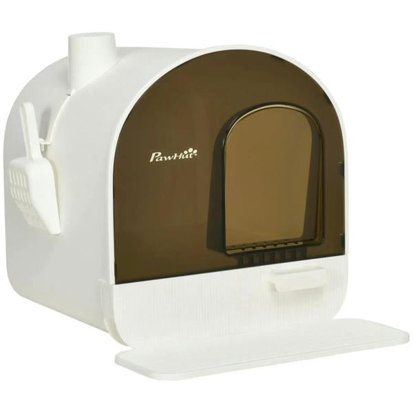 White hooded cat litter box with side scoop holder and front flap door