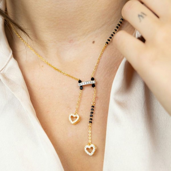 The Colourful Aura Black Beaded Zircon Heart Shape 18ct Gold Plated Asian Mangalsutra Necklace