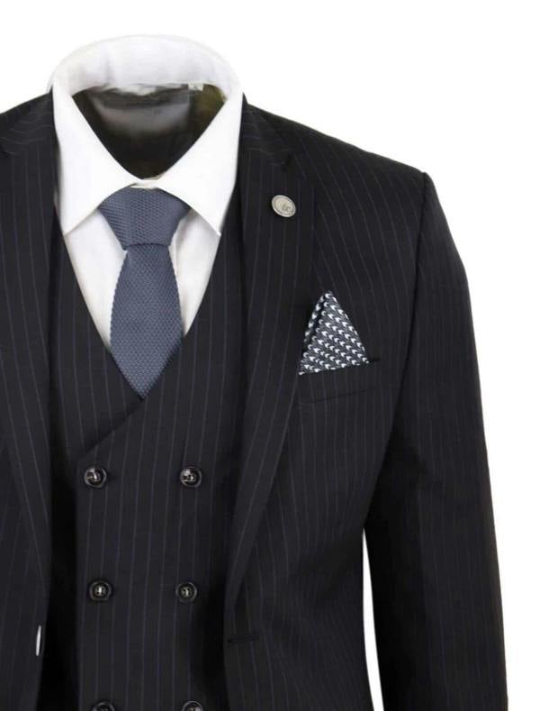 TruClothing Men's 3 Piece Black Pinstripe Retro Suit
