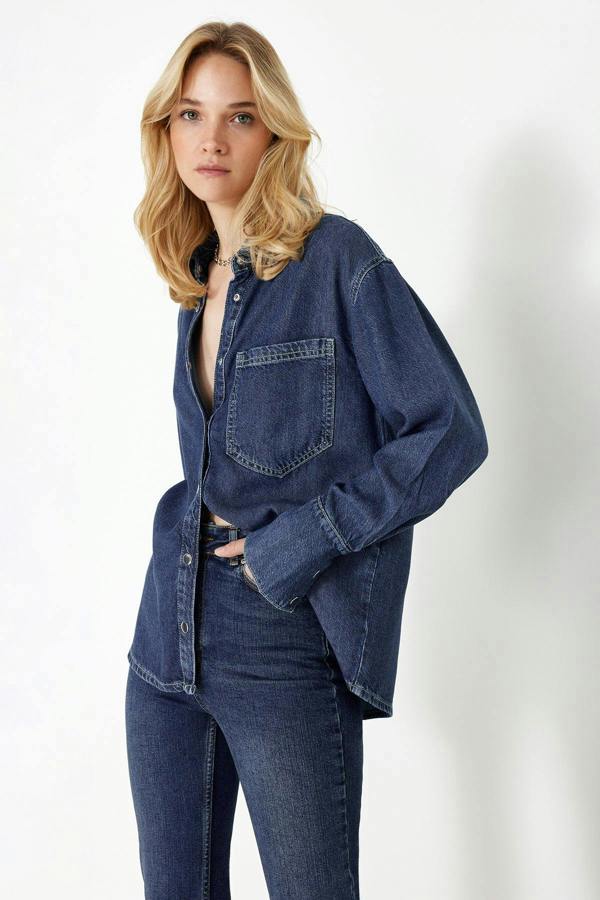 WOVCOR Oversize Long Sleeve Collared Denim Shirt